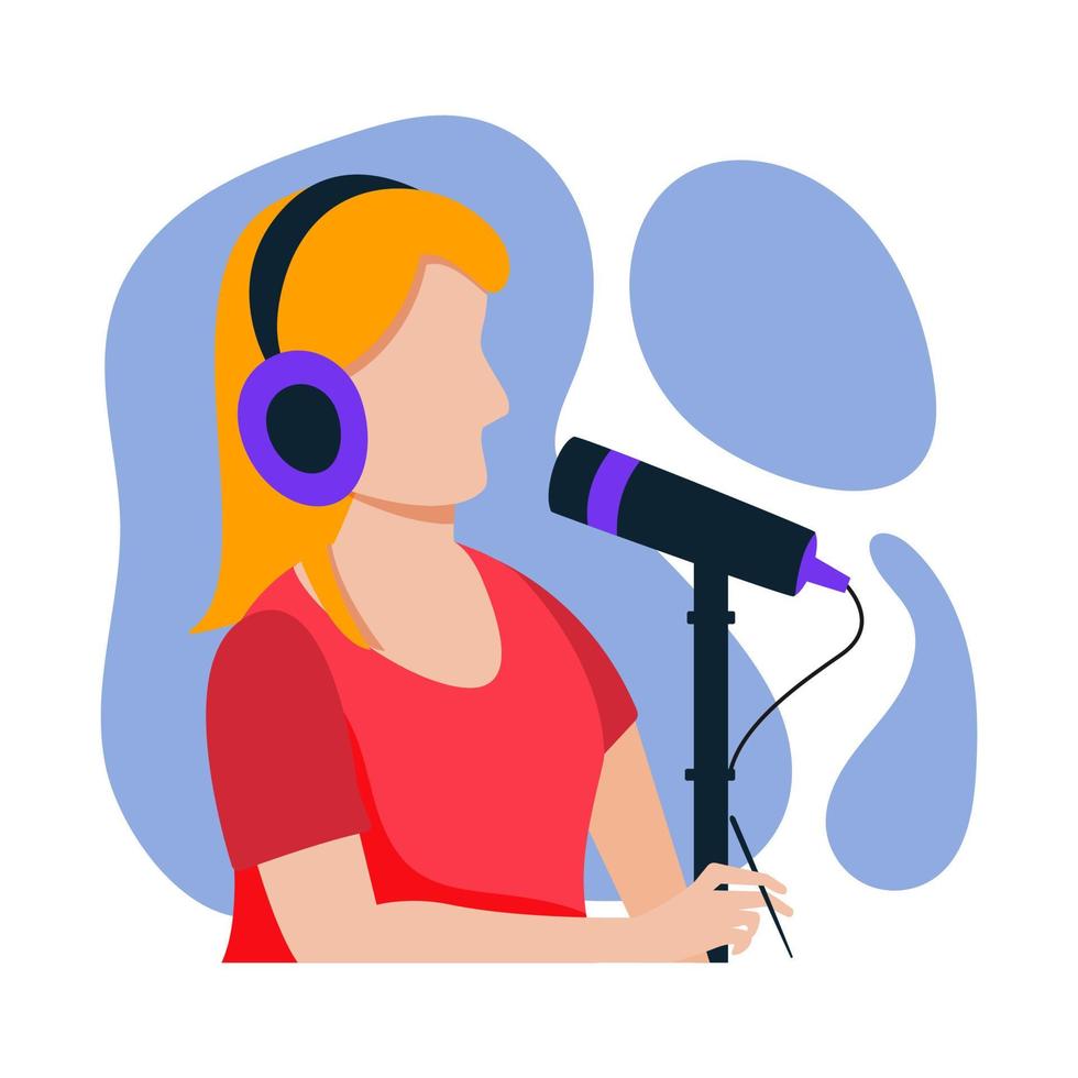 jeune femme enregistre un podcast. fille au casque et avec un microphone, dessinée dans un style plat. illustration vectorielle vecteur