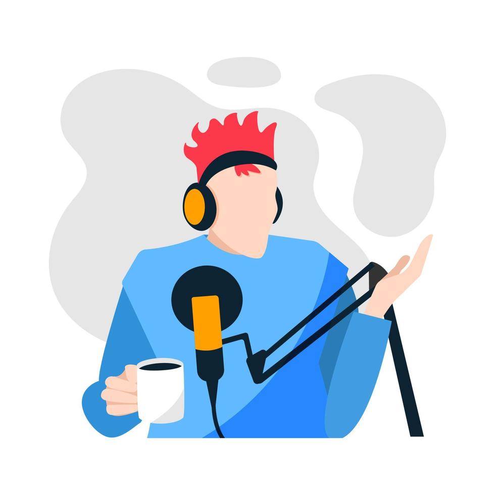 un jeune homme à la mode enregistre un podcast avec une tasse de café à la main. gars avec un casque et un microphone dans un studio d'enregistrement, dessiné dans un style plat. illustration vectorielle vecteur