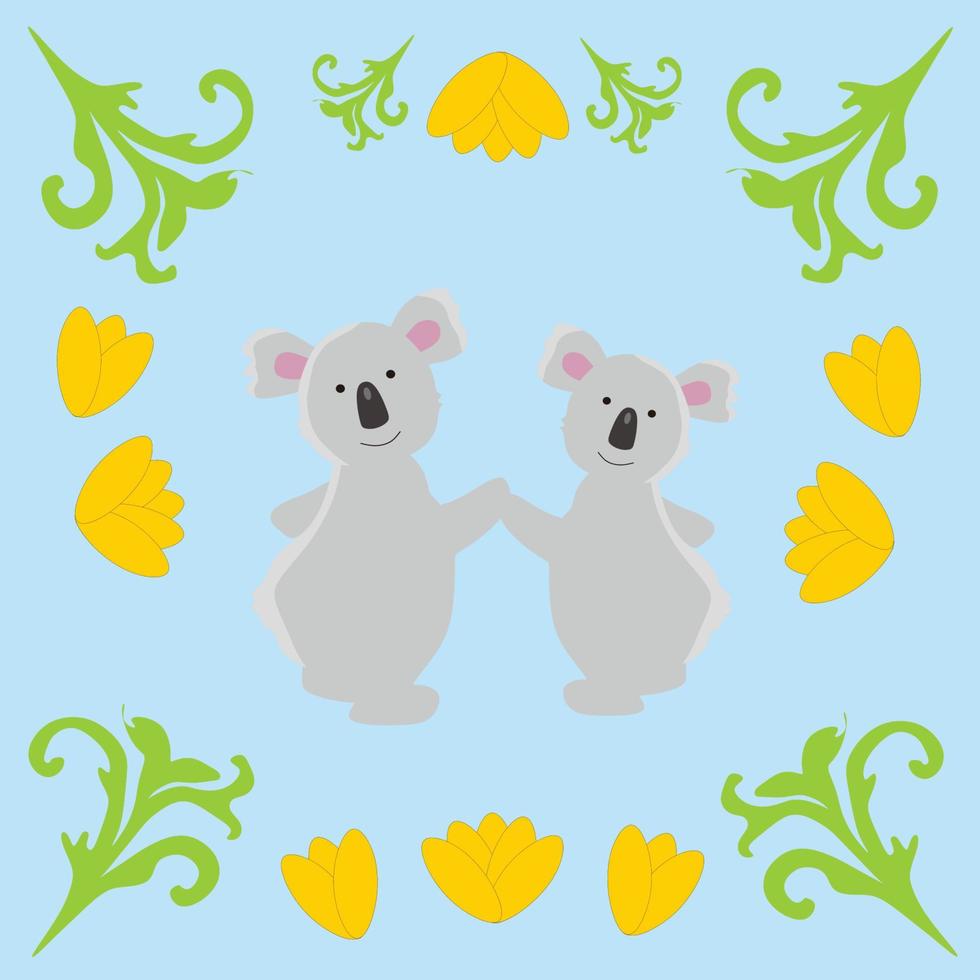 deux mignons dessins animés de koala heureux sur fond bleu et fleur vecteur