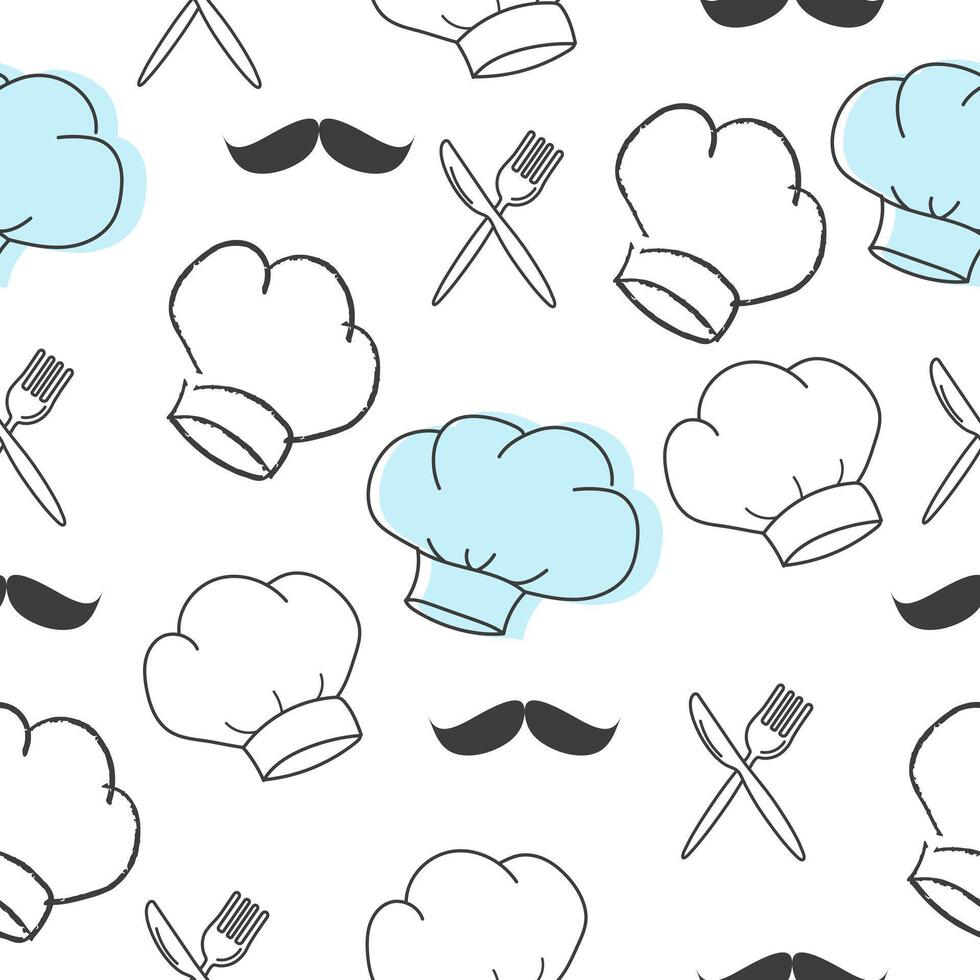 chef chapeau, moustache, couteau, fourchette sans couture modèle main tiré vecteur illustration. ligne coiffure sur blanc Contexte.