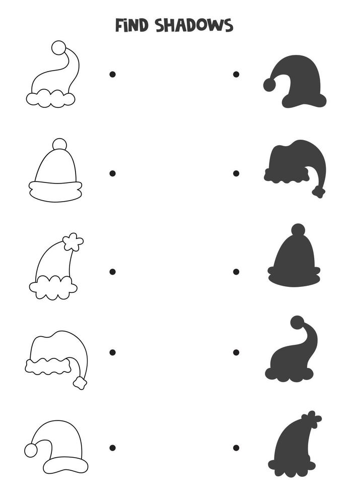 trouver les ombres correctes des chapeaux de noël. puzzle logique pour les enfants. vecteur