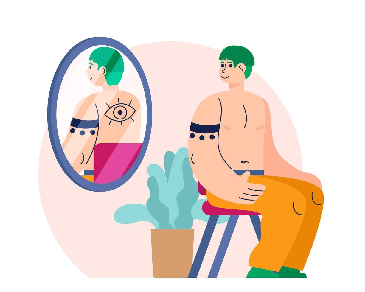 élégant Masculin séance près gros miroir et à la recherche à dos. tatouage artistes travail processus vecteur