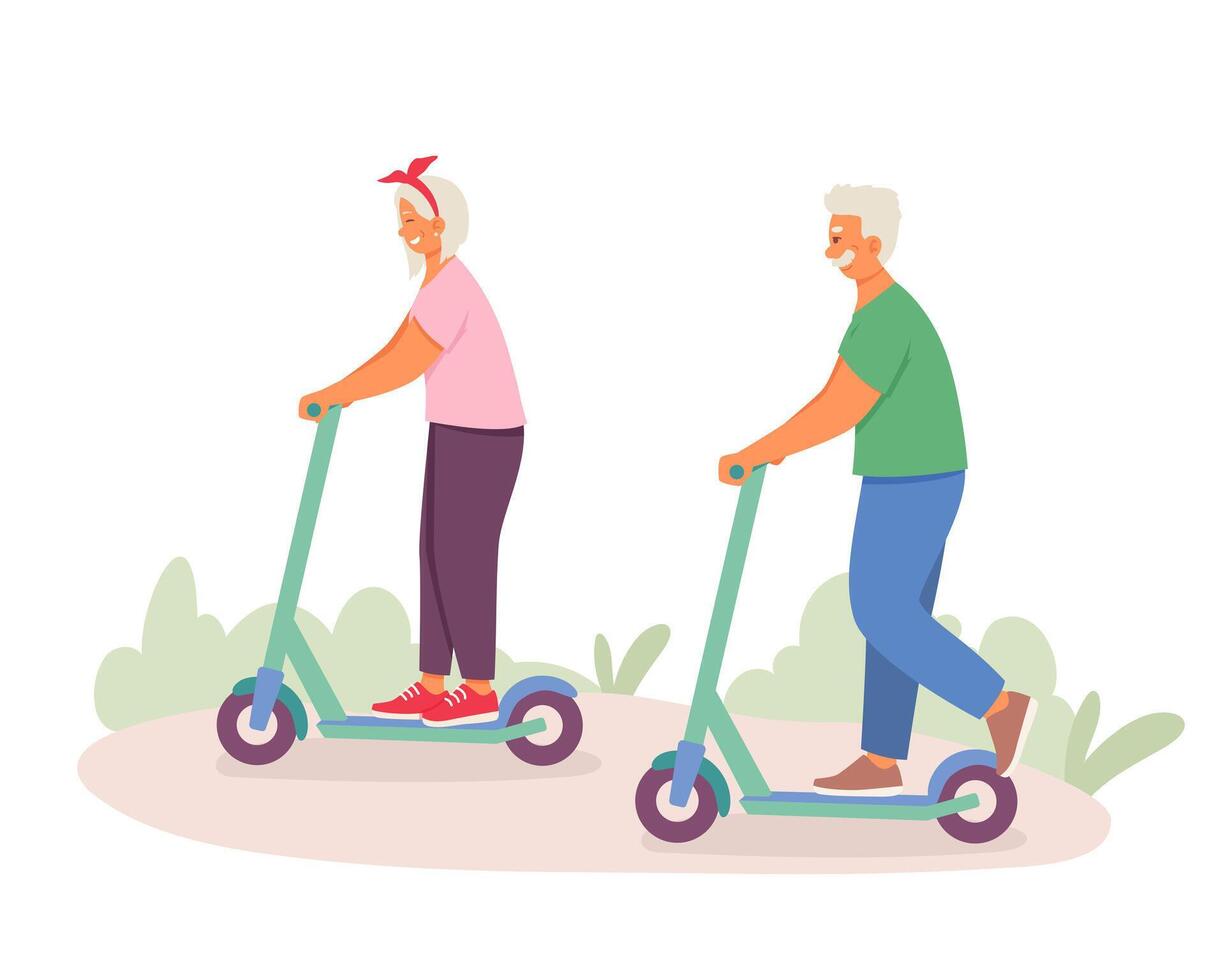 content couple équitation donner un coup scooter dans parc, actif et en bonne santé mode de vie concept vecteur