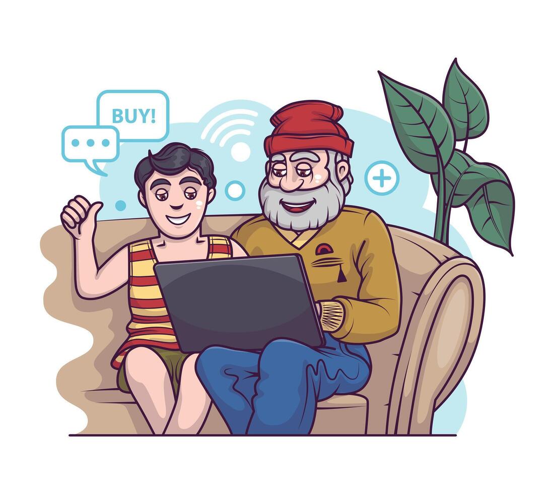 grand-père séance avec petit fils et achats en ligne. rentable achats journée concept vecteur