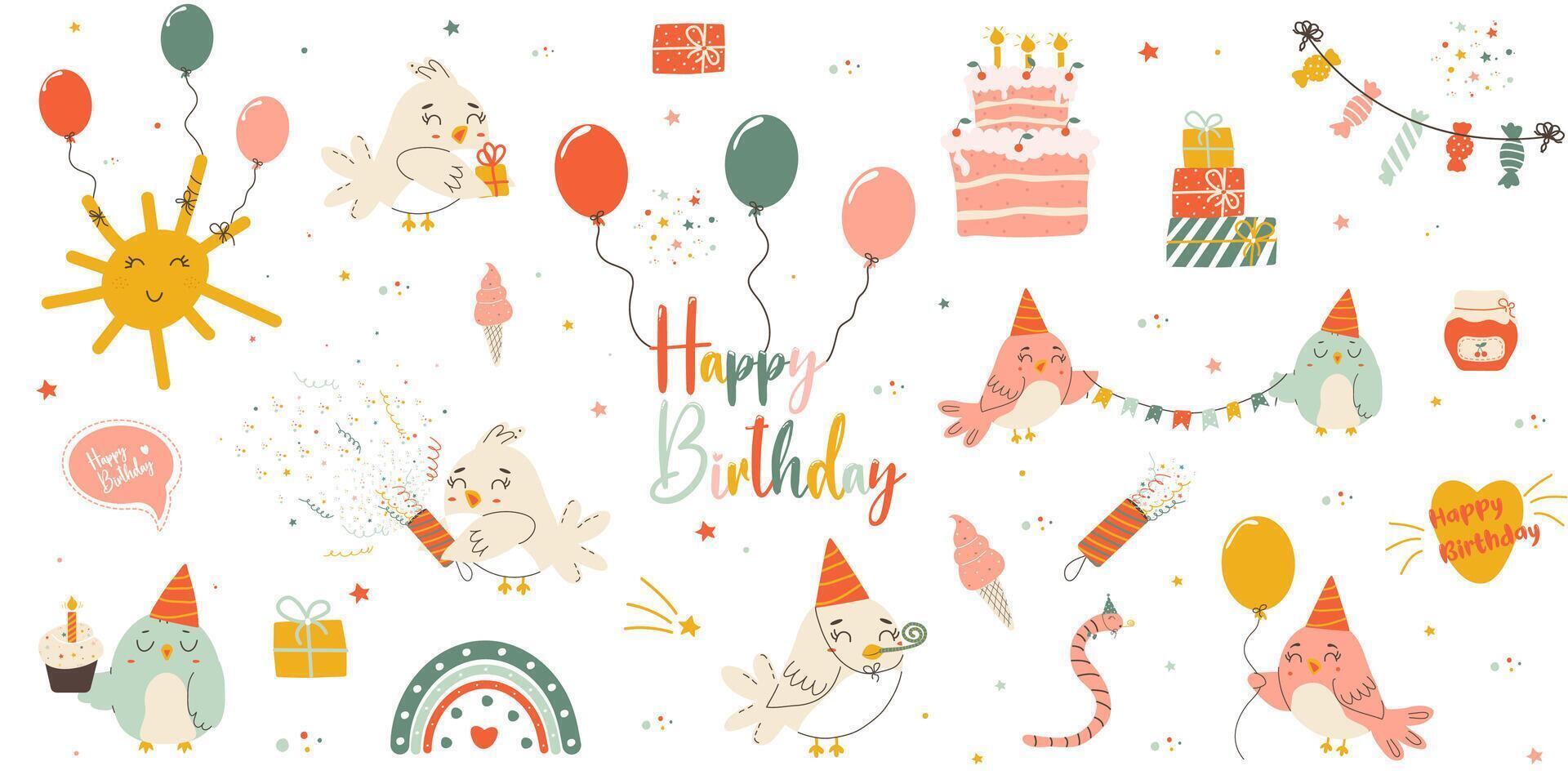 collection de mignonne des oiseaux pour anniversaire. vecteur main tiré dessin animé ensemble illustration de de fête éléments et marrant personnages. ancien de bonne humeur pastel palettes, décorations pour enfants vacances cartes