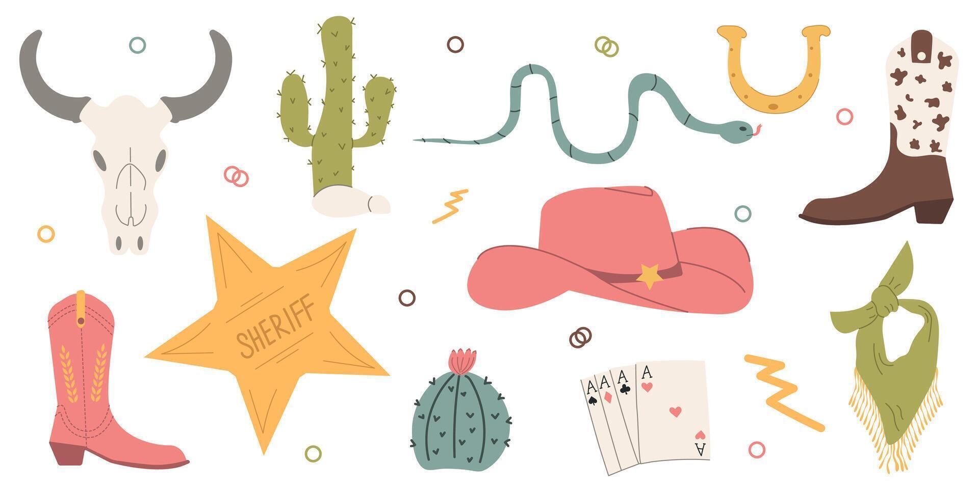 sauvage Ouest ensemble. plat conception ensemble avec cow-boy chapeau, bottes, cactus, serpent, vache crâne, fer à cheval, cartes, foudre. vecteur