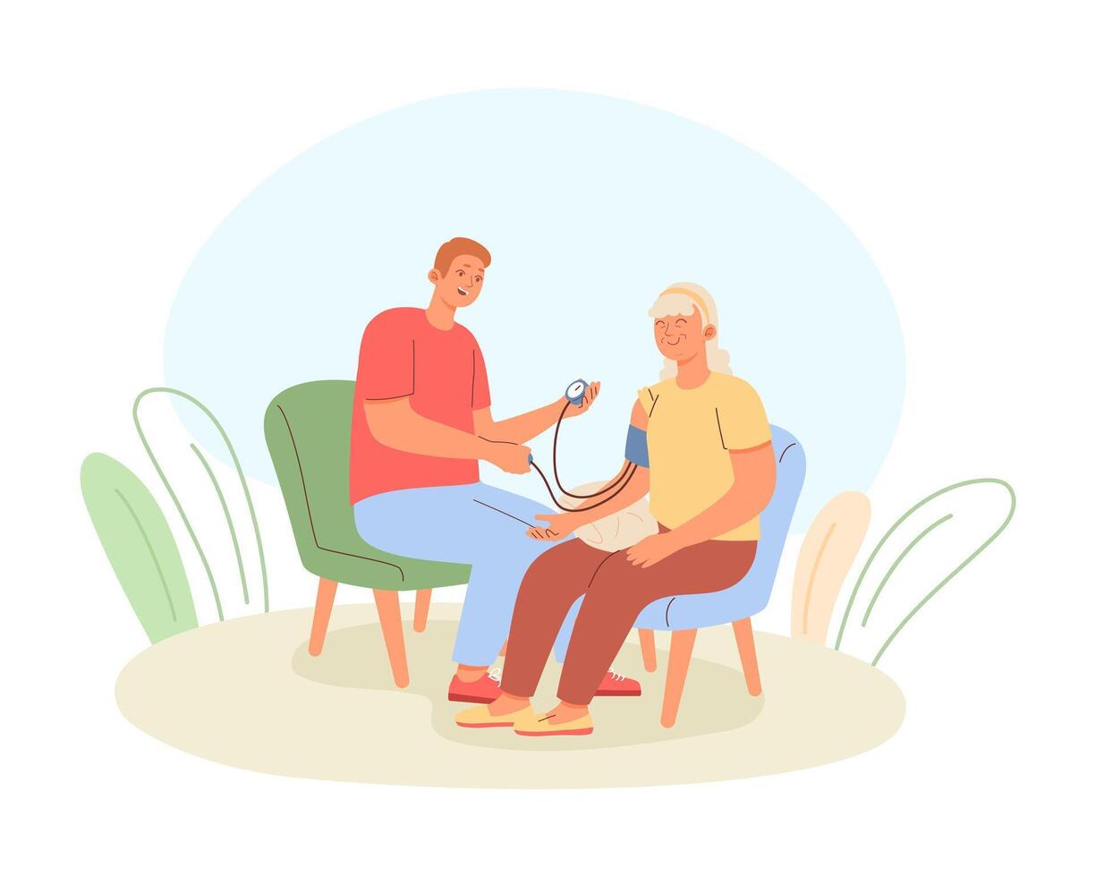 Masculin séance près vieux femme sur fauteuil et mesure du sang pression vecteur