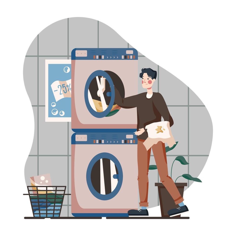 Masculin permanent près la lessive machine et mettre sale vêtements. Jeune élèves Faire blanchisserie vecteur