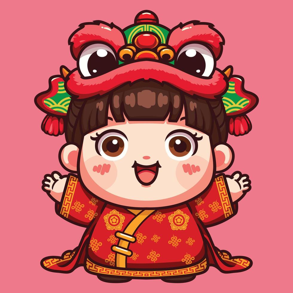 mignonne fille portant dragon chapeau célébrer chinois Nouveau année Festival vecteur illustration