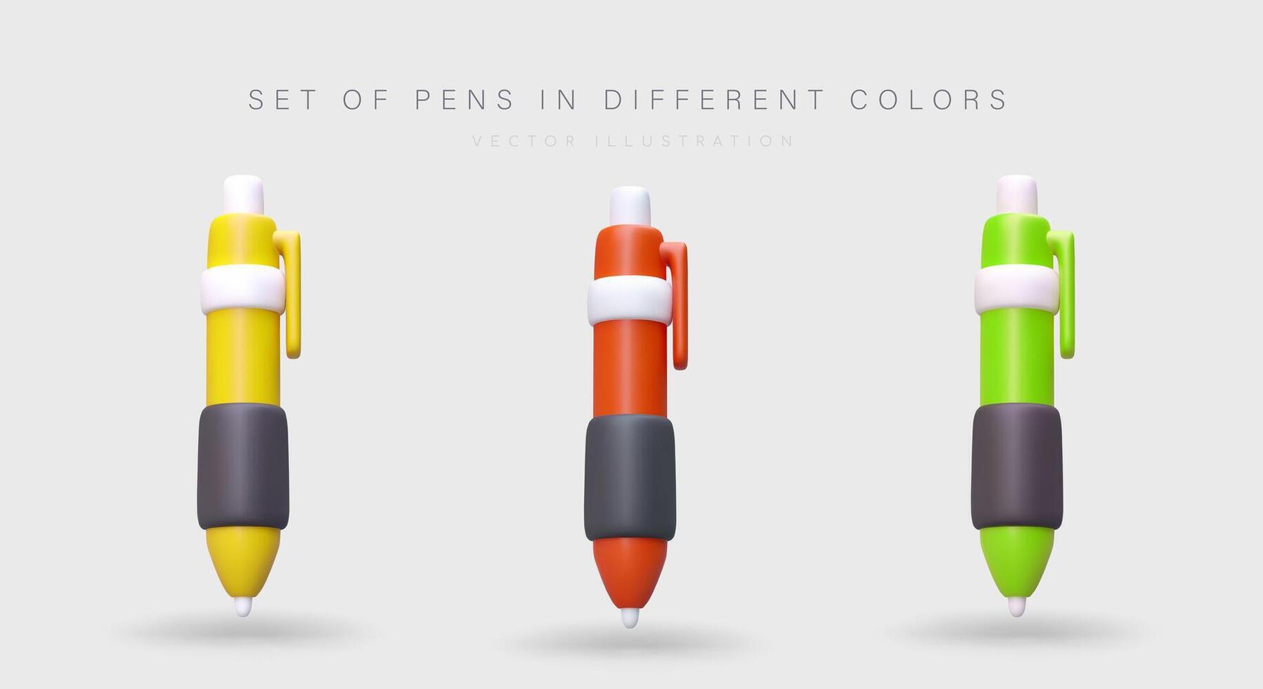 collection de brillant 3d Plastique des stylos. vecteur images dans dessin animé style