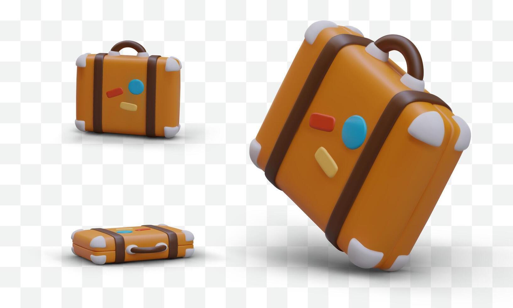 3d réaliste valise avec coloré autocollants dans différent positions. Voyage bagage concept vecteur