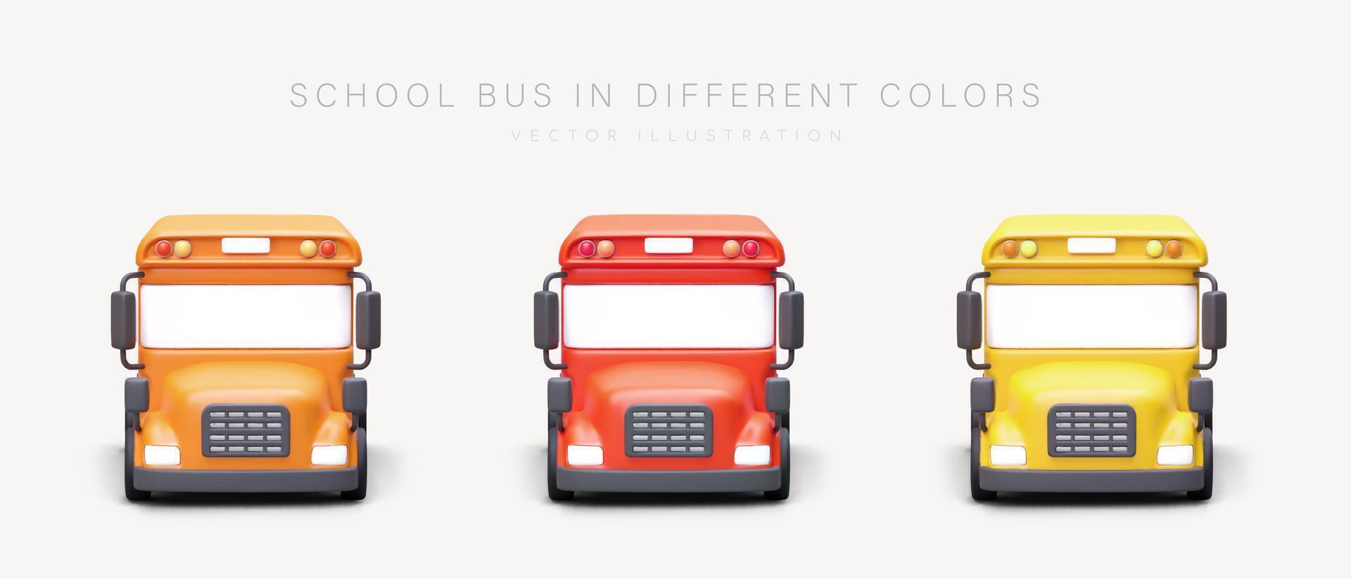 ensemble de 3d réaliste école autobus dans différent couleurs. la toile affiche avec automobiles pour auto magasin vecteur