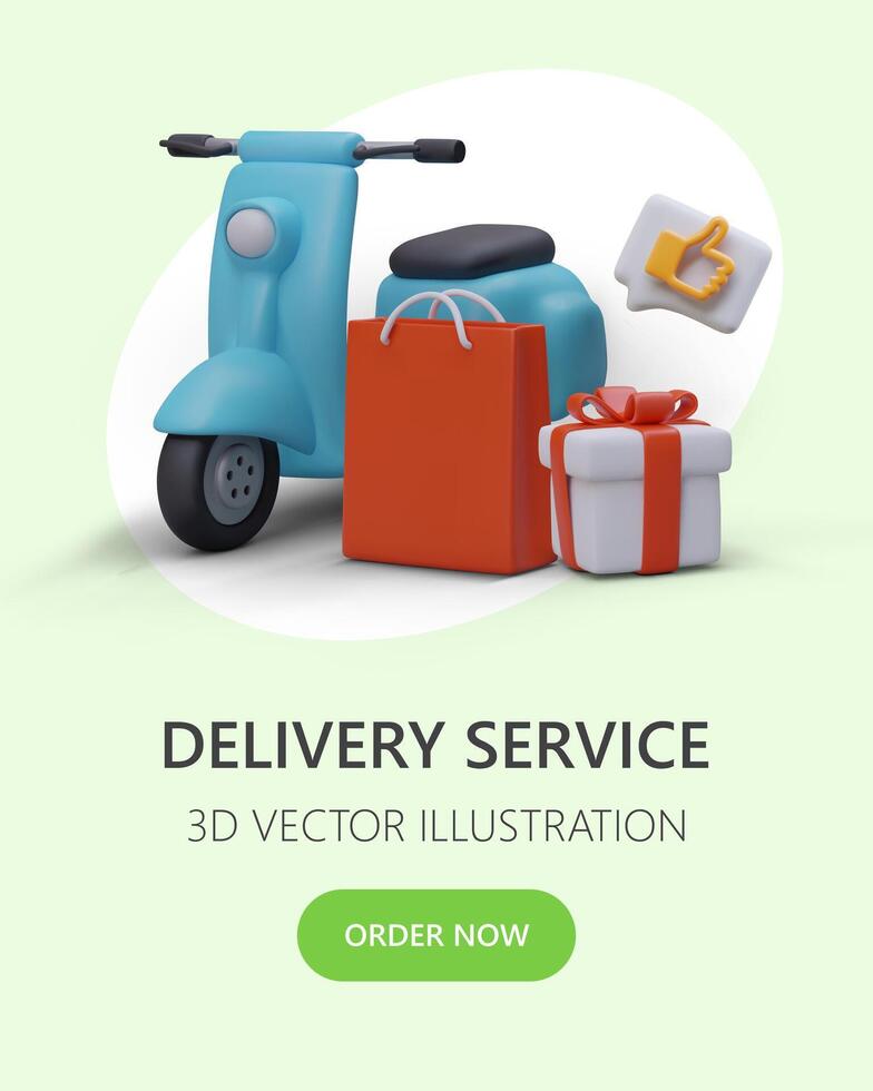 3d réaliste scooter, achats sac et cadeau boîte. affiche avec des produits commande et livraison un service vecteur