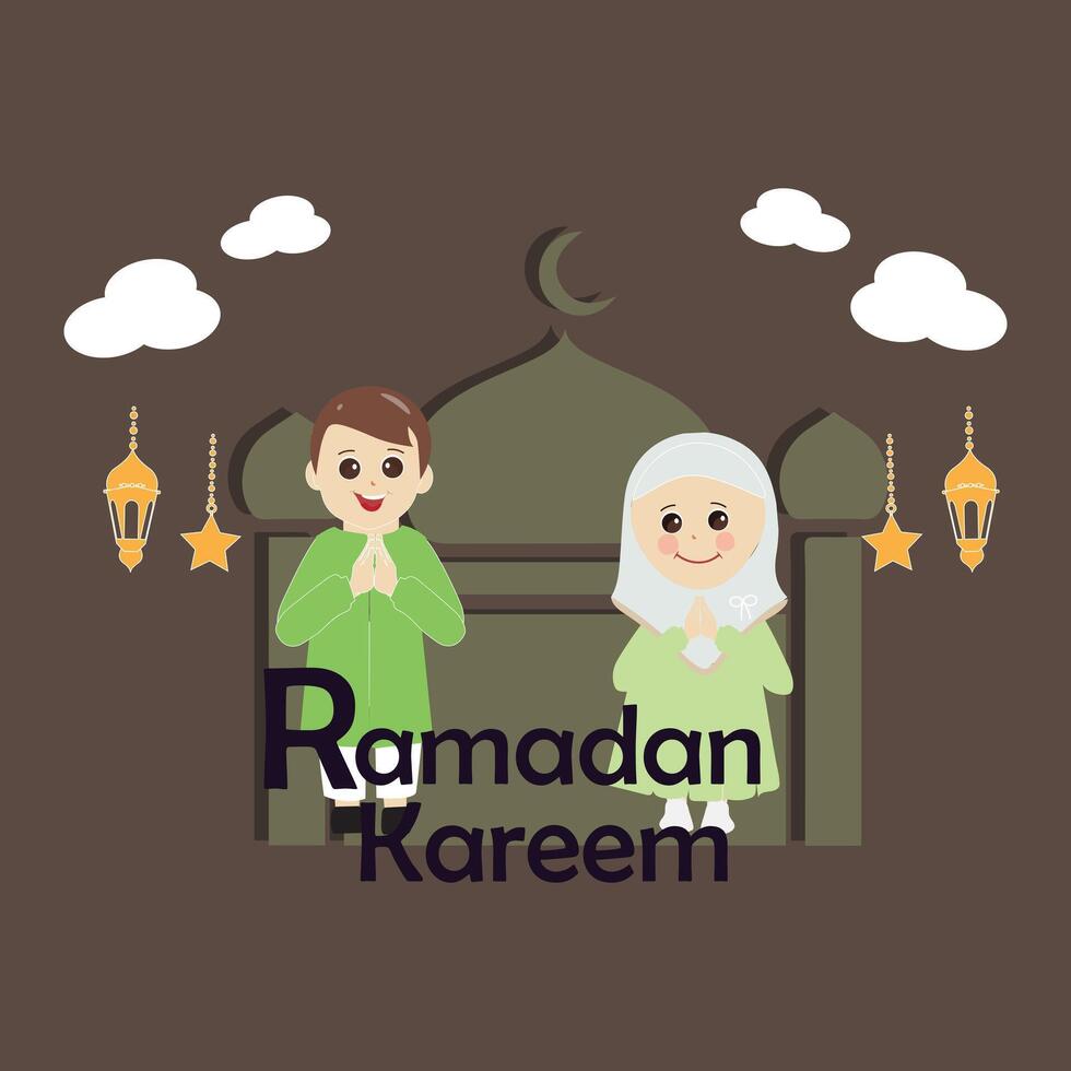 content Ramadan kareem avec des gamins personnage illustration. musulman garçon et fille Ramadan salutation carte. vecteur