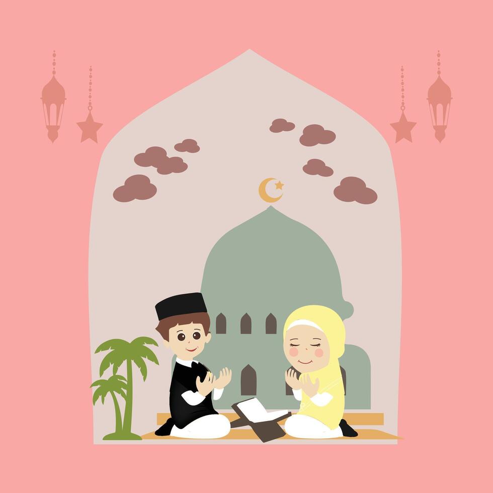 content Ramadan kareem avec des gamins personnage illustration. musulman garçon et fille Ramadan salutation carte. vecteur