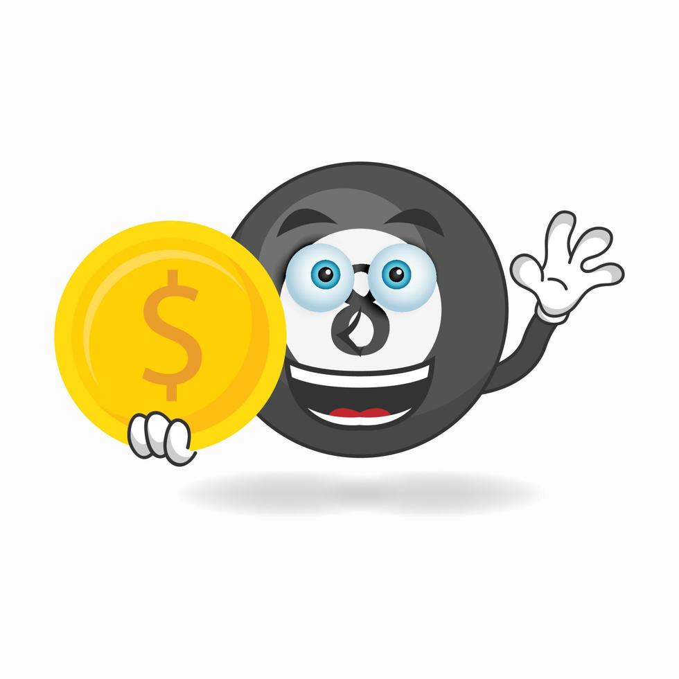 personnage de mascotte de boule de billard tenant des pièces de monnaie. illustration vectorielle vecteur