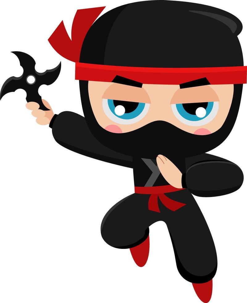 mignonne ninja garçon guerrier dessin animé personnage sauter avec shuriken. vecteur illustration plat conception