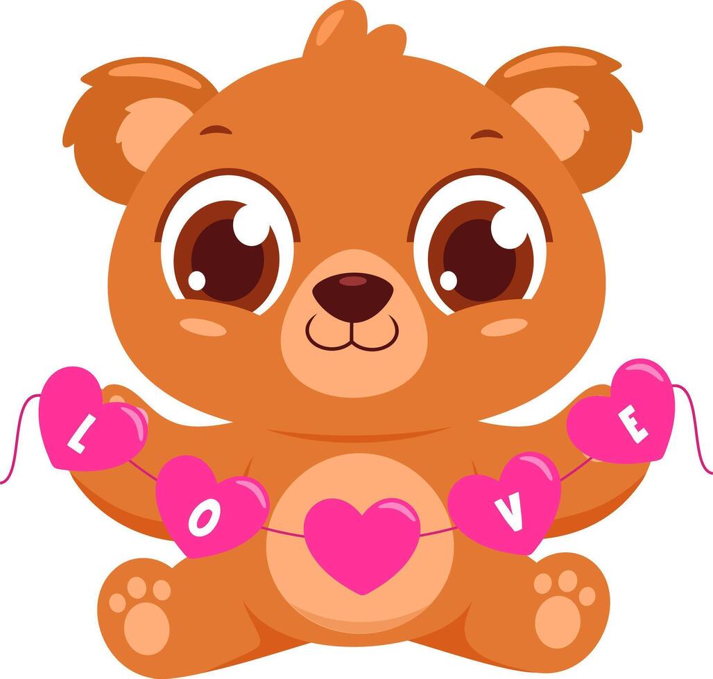 mignonne Valentin ours dessin animé personnage en portant cœurs avec texte l'amour. vecteur illustration plat conception