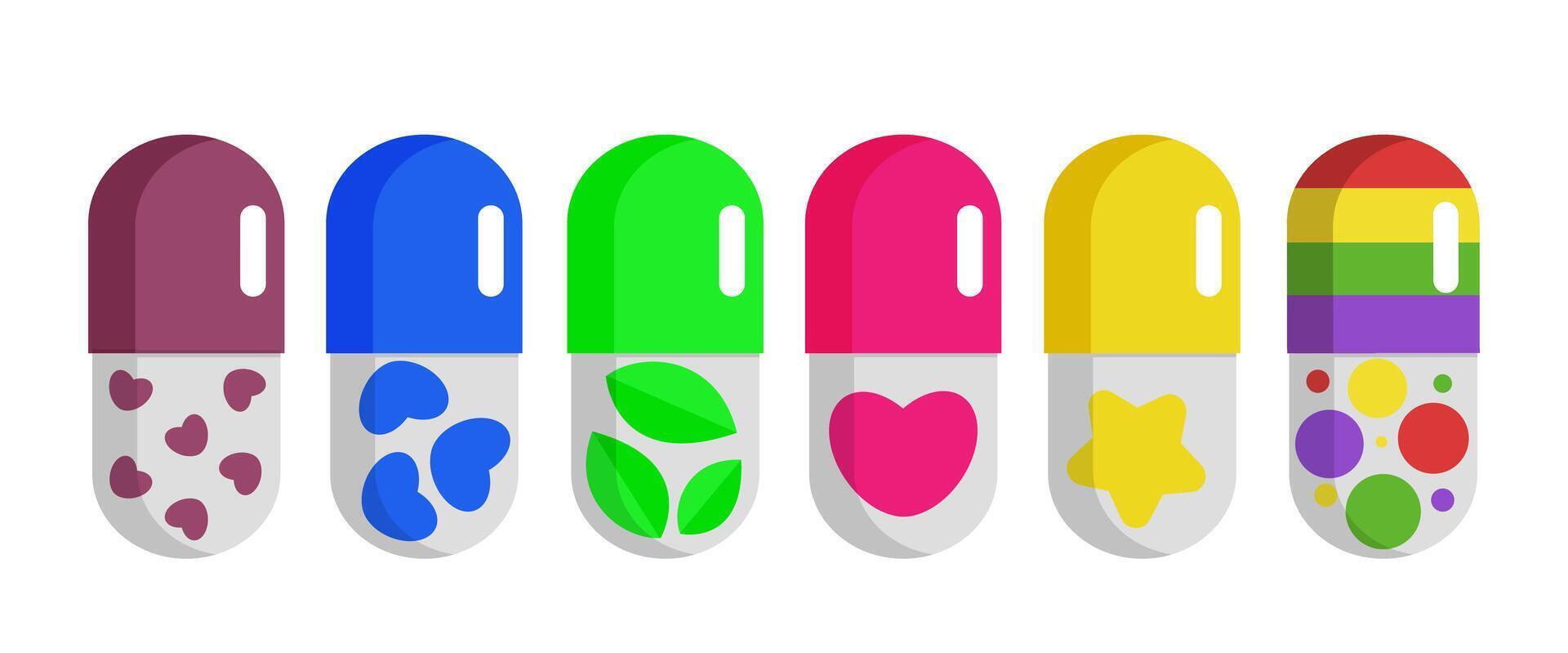 une ensemble de mignonne pilules dans une capsule dans une dessin animé style. brillant comprimés avec différent plombages vecteur