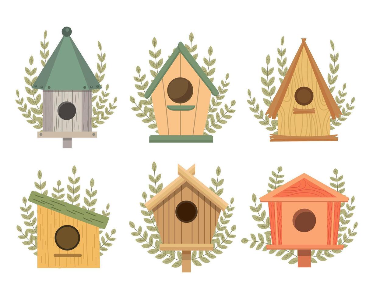 ensemble de mignonne maisons d'oiseaux avec branches de feuilles. printemps Icônes dans plat dessin animé style. printemps vacances illustration. vecteur