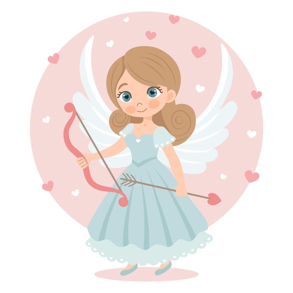 mignonne fille Cupidon personnage avec arc et flèche, ange fille. la Saint-Valentin journée carte, pastel couleurs. vecteur illustration dans plat dessin animé style