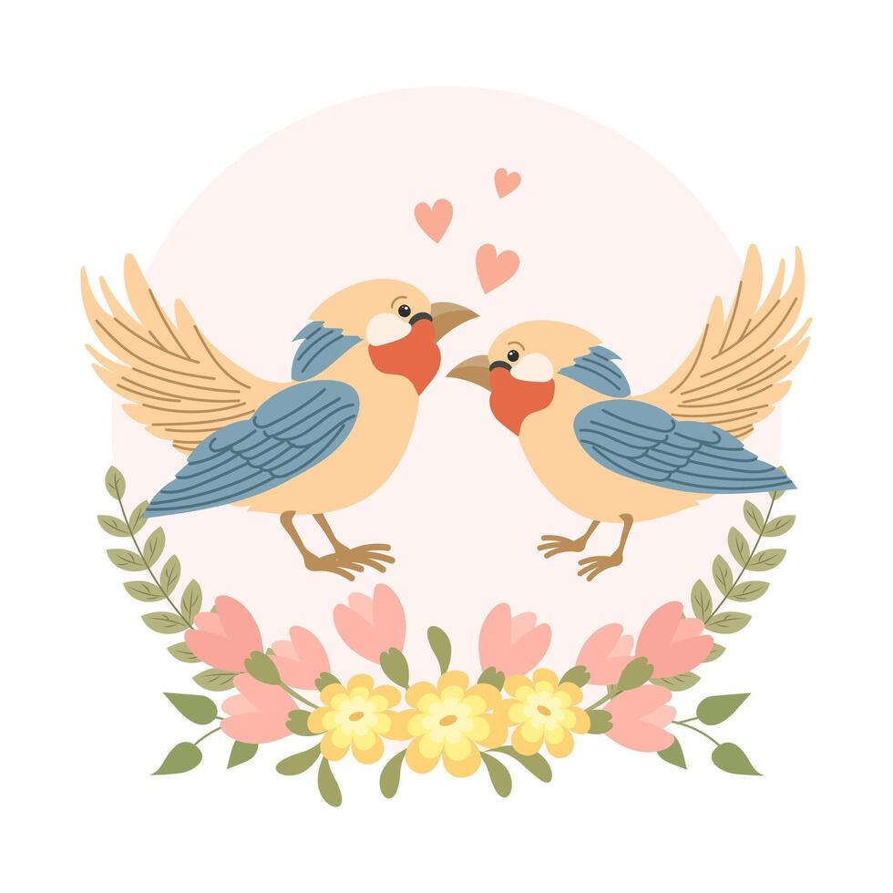 mignonne dessin animé l'amour des oiseaux dans une fleur Cadre. conception pour salutation carte, invitation carte pour mariage, anniversaire. vecteur