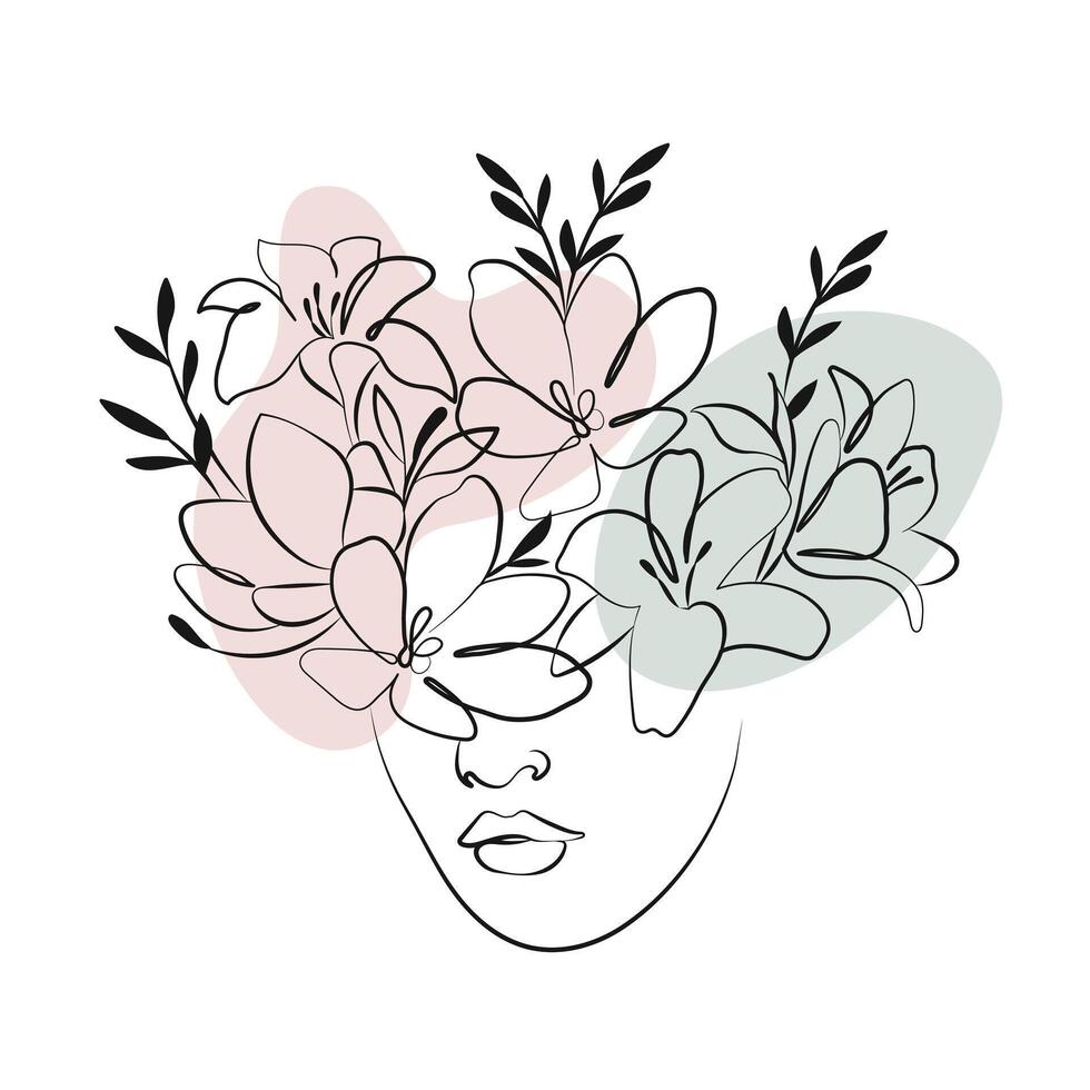 portrait de une femme avec fleurs, ligne art. contour illustration avec le une addition de coloré taches. carte postale, affiche, vecteur