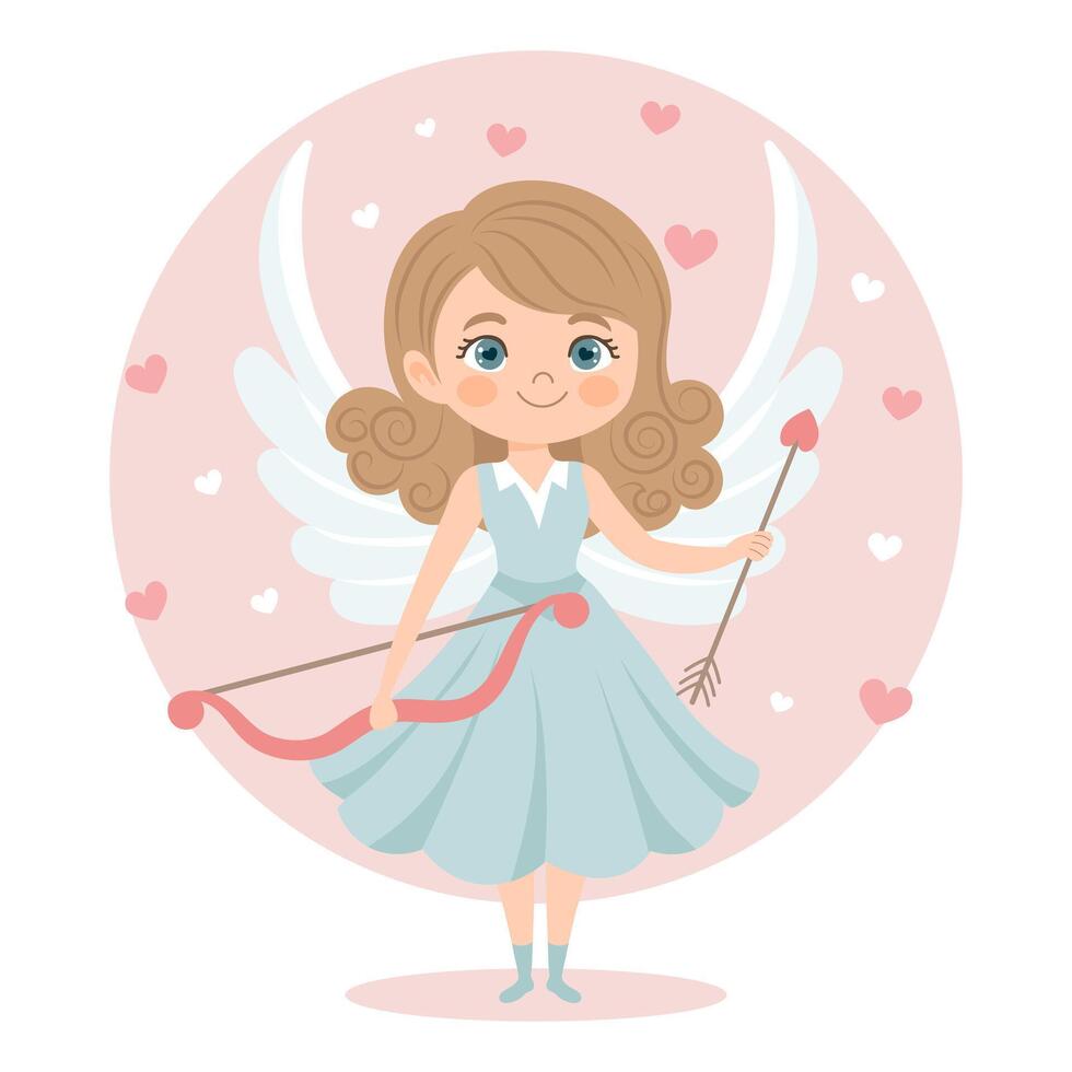 mignonne fille Cupidon personnage avec arc et flèche, ange fille. la Saint-Valentin journée carte, pastel couleurs. vecteur illustration dans plat dessin animé style