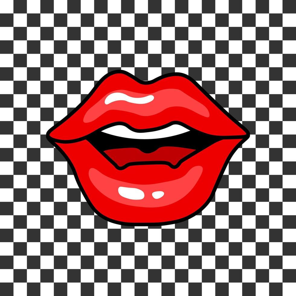 rouge femelle lèvres sur une à carreaux rétro Contexte. ancien illustration dans Années 90 pop art style. autocollant, vecteur