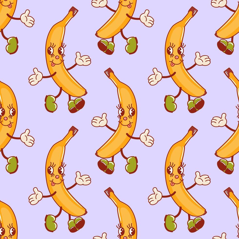 banane, une mignonne rétro dessin animé personnage. sensationnel ancien été sans couture modèle. branché vieux style. années 1970. tropical exotique des fruits. en bonne santé aliments. pour menu, café, fond d'écran. végétalien. vecteur