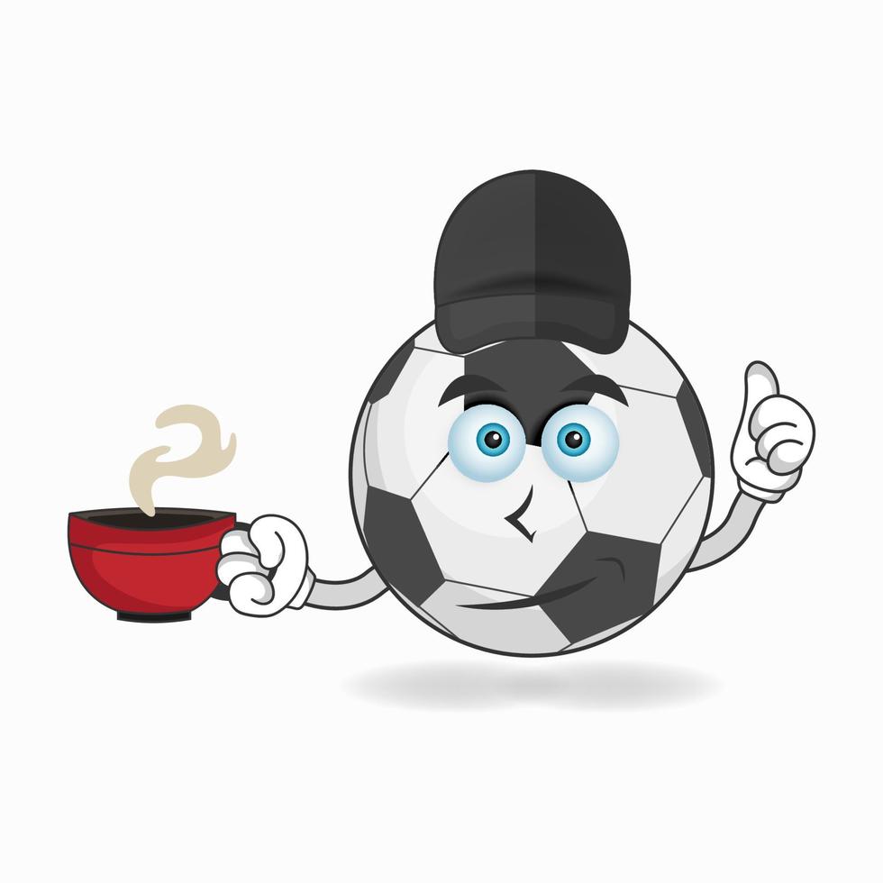 personnage de mascotte de ballon de football tenant une tasse de café chaud. illustration vectorielle vecteur