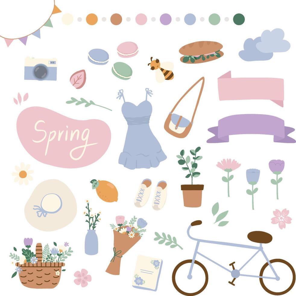 main tiré vecteur plat illustration ensemble de printemps saison vacances. mignonne éléments griffonnage collection dans plat style. pour affiche, carte, scrapbooking, invitation, graphique Ressource, social médias, impression