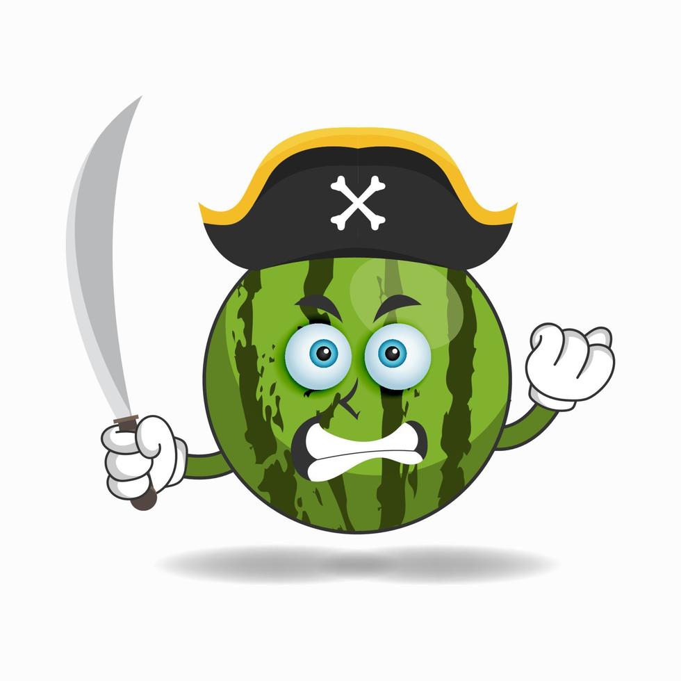 le personnage mascotte pastèque devient pirate. illustration vectorielle vecteur