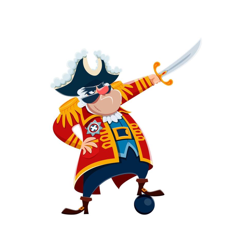 dessin animé pirate capitaine personnage avec chapeau, épée vecteur
