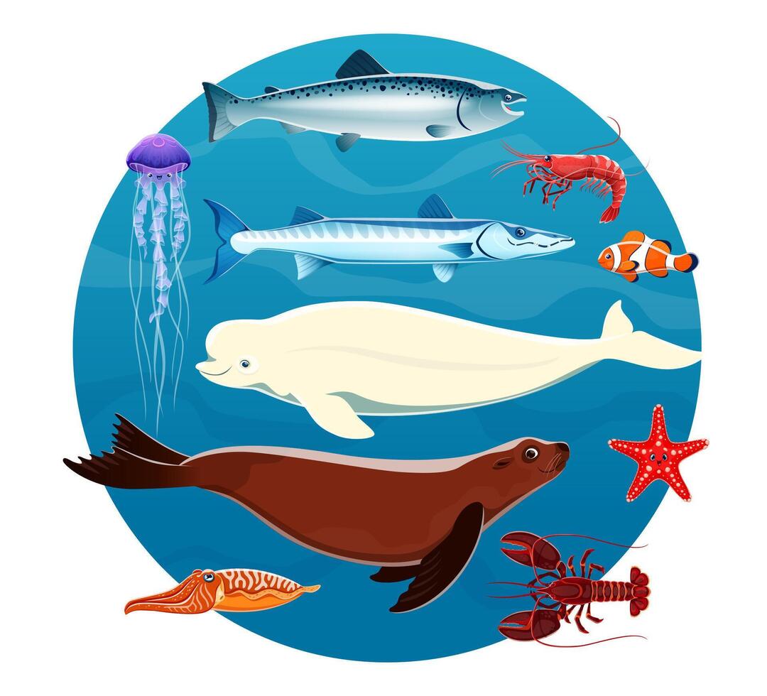dessin animé mer animaux et océan poisson personnages vecteur