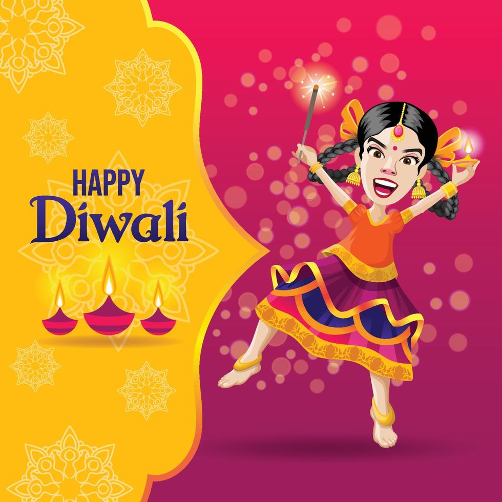 salutations joyeuses de diwali avec une fille excitée célébrant vecteur