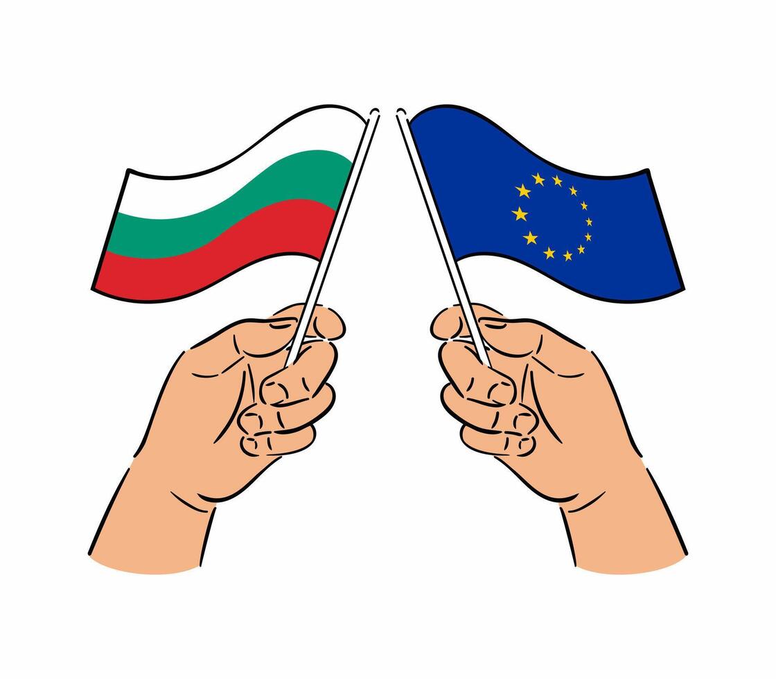 Bulgarie adopte le euro comme ses officiel monnaie, devenir le 21e membre Etat européen syndicat. deux mains avec drapeaux. vecteur illustration dans esquisser style. illustratif éditorial