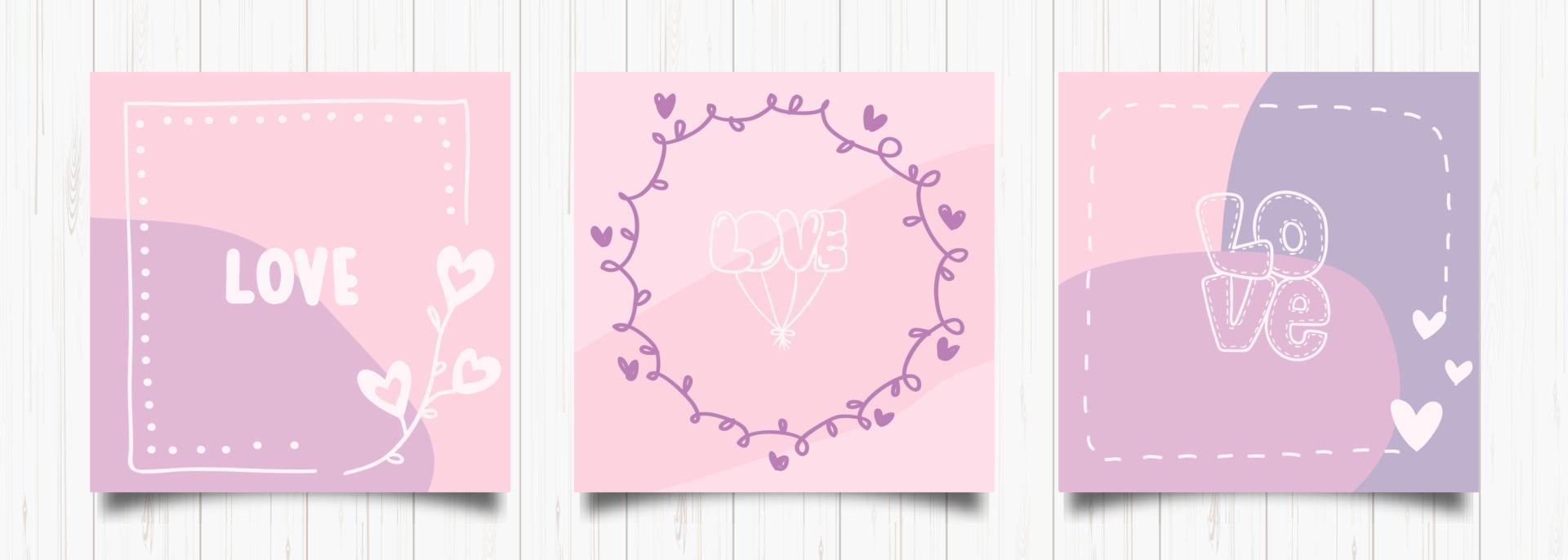 ensemble de cartes de voeux d'amour dans un style rétro. modèle de conception abstraite vintage avec carte romantique amour rose et violet. illustration vectorielle mignon. cadre de mariage. fond de vacances moderne vecteur