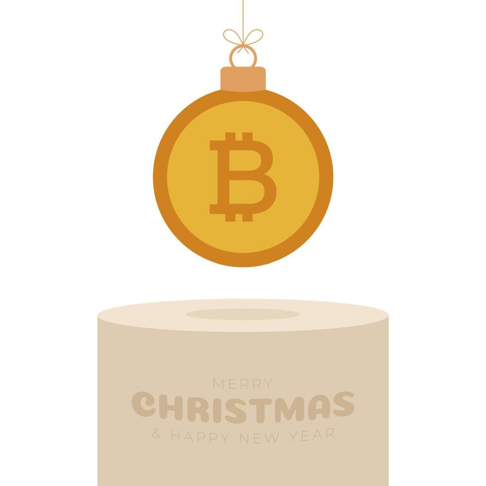 piédestal de boule de noël bitcoin. joyeux noël carte de voeux d'argent. accrocher sur une boule de bitcoin de pièce de monnaie comme boule de Noël sur le podium d'or sur le fond blanc. illustration vectorielle de l'économie. vecteur