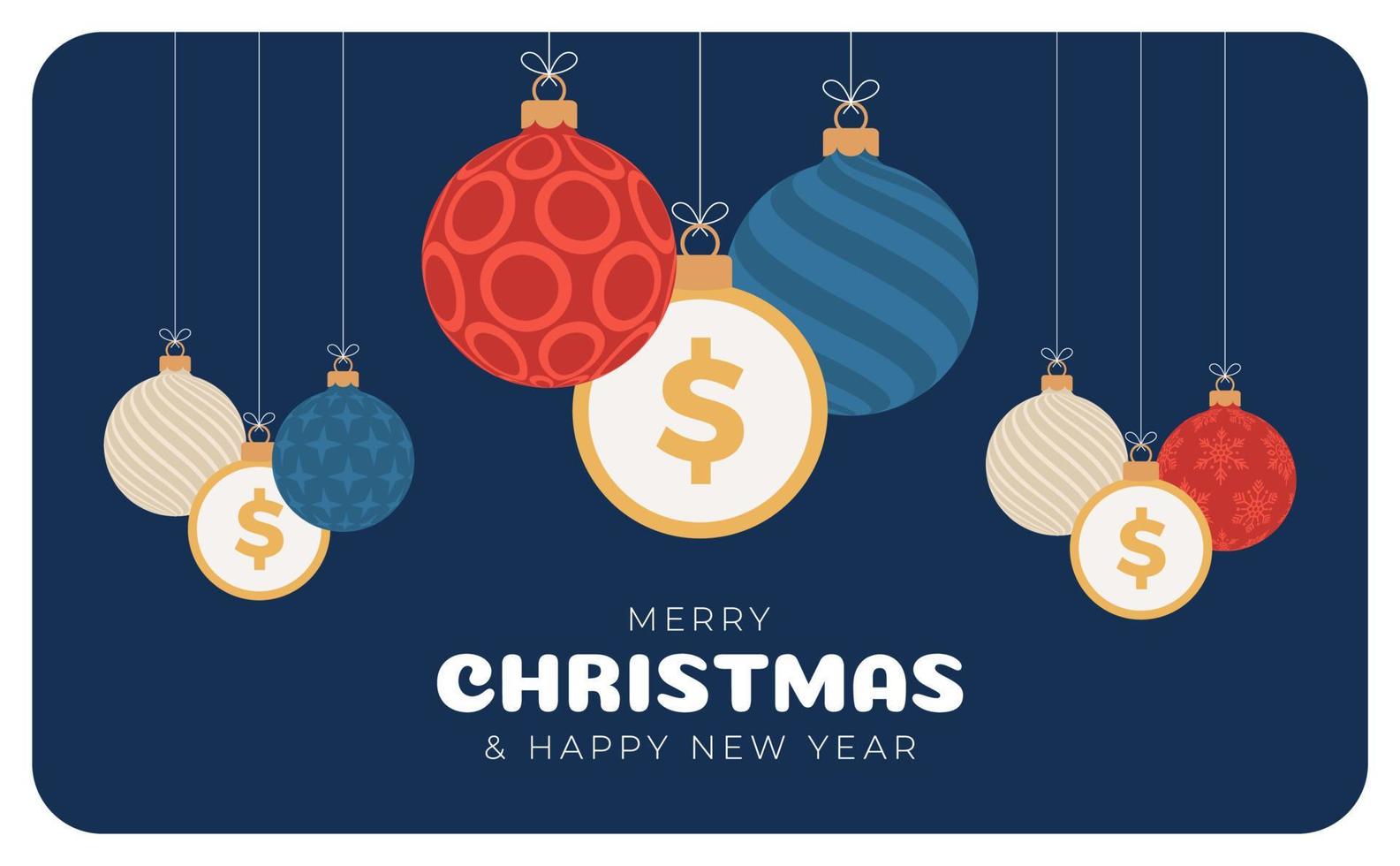 joyeux noël bannière symbole dollar. signe dollar comme boule de boule de Noël suspendue carte de voeux. image vectorielle pour Noël, finance, jour de l'an, banque, argent vecteur