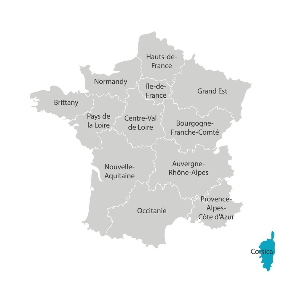 vecteur isolé illustration de simplifié administratif carte de France. bleu forme de la Corse. les frontières de le provinces, Régions. gris silhouettes. blanc contour.