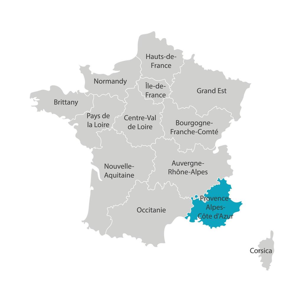 vecteur isolé illustration de simplifié administratif carte de France. bleu forme de Provence Alpes cote d'azur. les frontières de le provinces, Régions. gris silhouettes. blanc contour.
