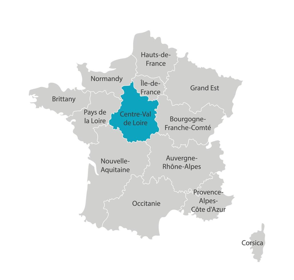 vecteur isolé illustration de simplifié administratif carte de France. bleu forme de centre-val de Loire. les frontières de le provinces, Régions. gris silhouettes. blanc contour.