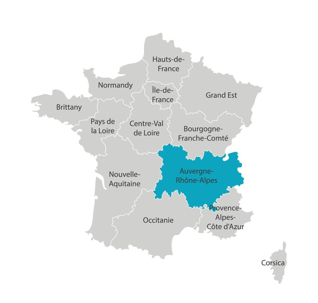 vecteur isolé illustration de simplifié administratif carte de France. bleu forme de auvergne rhone Alpes. les frontières de le provinces, Régions. gris silhouettes. blanc contour.