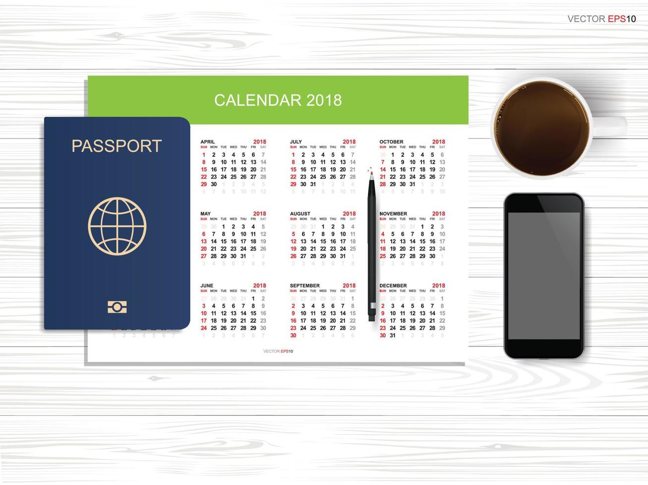 abstrait du calendrier avec passeport, smartphone et tasse de café sur bois. fond pour le tourisme et l'idée de voyage. vecteur. vecteur