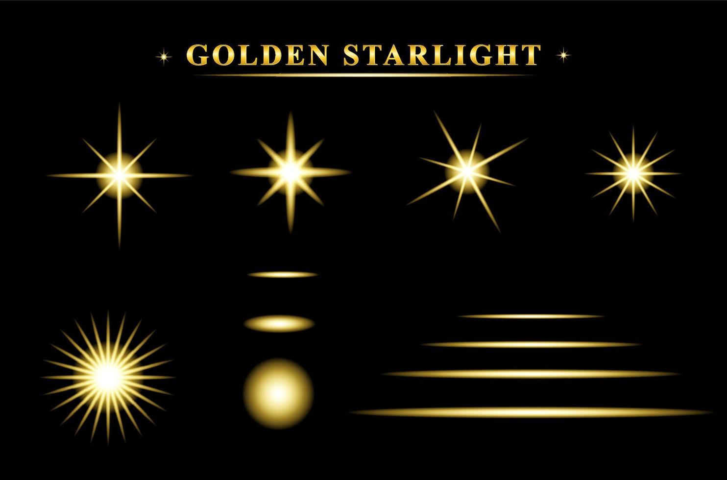 ensemble d'éclairage starburst réaliste isolé sur fond noir, lumière des étoiles dorées vecteur