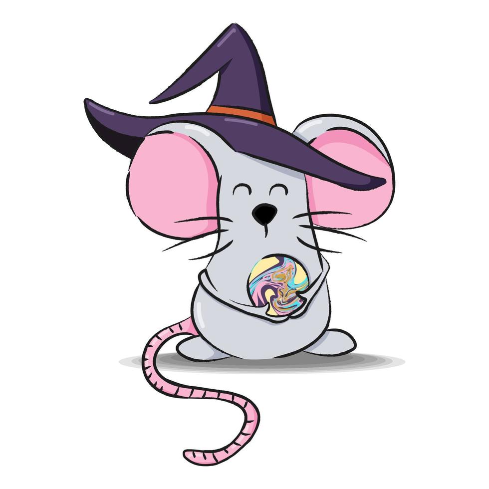 souris d'halloween avec chapeau de sorcière et boule magique. illustration de dessin animé. vecteur