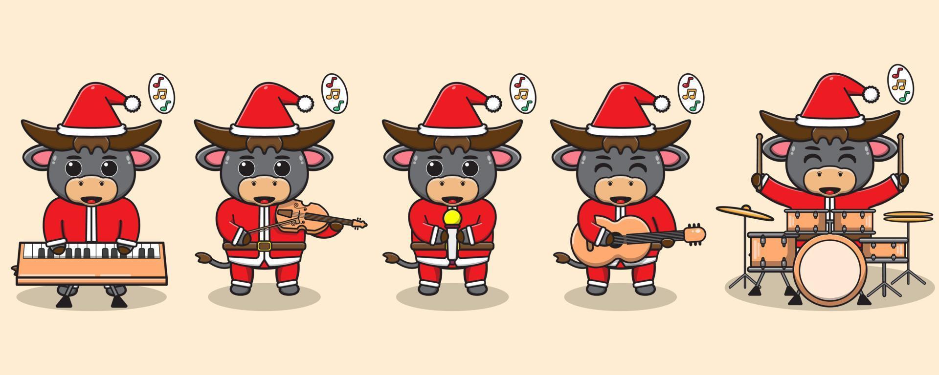 illustration vectorielle de buffle mignon le père noël joue d'un instrument de musique. vecteur