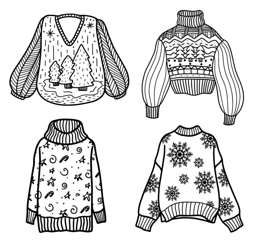 ensemble de vêtements d'hiver. chandails tricotés dans le style doodle vecteur