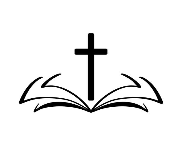 Illustration vectorielle du logo chrétien. Emblème avec Croix et Sainte Bible. Communauté religieuse. Élément de design pour affiche, logo, badge, signe vecteur